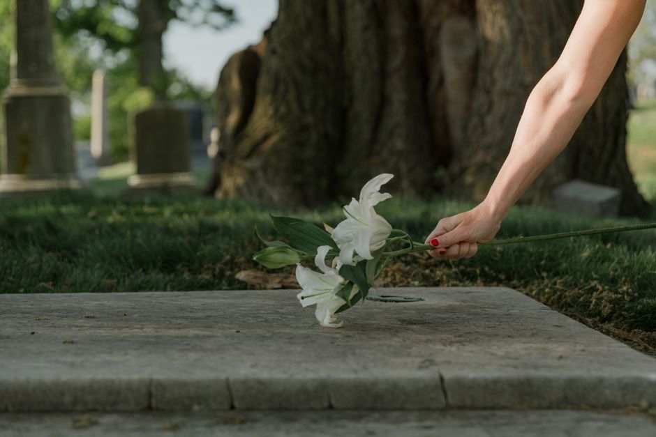 A person with red nail polish is seen holding a single long-stemmed white lily flower by its stem, placing it on a flat stone surface at a grave site within a park or cemetery setting. In the backgrou