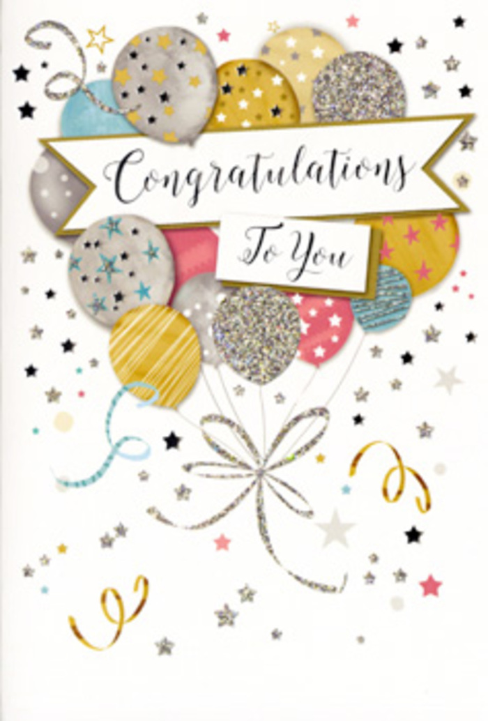 In this image, a sophisticated congratulations card is displayed, its design evoking the gentle excitement of a celebration shared with family and friends in Kingston Vale. Dominating the centre is a generous bouquet of illustrated balloons, layered and intertwined so that they feel like a single, jubilant cluster. The colour palette leans into soft metallics-warm gold, cool silver, champagne beige, sky blue, muted pink, and smokey grey-each balloon individually decorated with subtle patterns of stars, stripes, and glimmering specks that give an impression of fine glitter without overwhelming the surface. Slim ribbons in complementary gold and silver tones dangle from the balloons in loose, curling strands, echoing the flowing tails of satin ribbon we often tie around celebratory arrangements destined for homes along Kingston Hill and nearby streets. Cutting through the centre of the cluster, a gracefully curved banner bears the message Congratulations To You in polished, sweeping script, adding a formal yet heartfelt focal point to the design. The background is kept soft and light, sprinkled with small metallic stars, trailing confetti lines, and scattered dots, which appear to float as though caught in the last moments of a party's applause. As a florist accustomed to pairing thoughtful cards with bouquets for graduations, promotions, and personal milestones, I can sense the tactile richness of this card: the slightly raised lettering, the gentle sheen of metallic ink, and the smooth, quality cardstock. It feels like the perfect companion to fresh flowers delivered across Kingston Vale, a card that quietly but clearly conveys pride, admiration, and shared joy in someone's well-earned success.