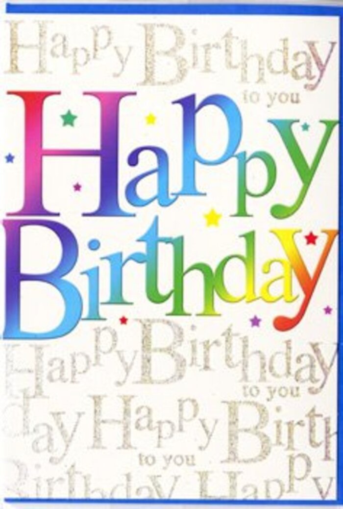 A richly designed birthday card is pictured upright, its entire composition devoted to a vibrant, celebratory theme. Dominating the scene is the phrase Happy Birthday, displayed in generous, rainbow-coloured letters that curve and stretch across the card like a festive banner strung above a Kingston Vale garden party. Each letter shimmers with a smooth gradient of colour: starting in intense ruby and rose, moving into bright mandarin and golden yellow, then flowing into fresh lime and deeper forest green, progressing to turquoise and cobalt, and ending in velvety purple. These transitions are seamless, creating a soft, almost painterly effect rather than sharp blocks of colour. The typography feels playful and approachable, giving the impression of warmth and sincerity. Behind this bold greeting sits a sophisticated backdrop: slender, looping lines of script that repeat the phrase Happy Birthday to you in a pale yet gleaming gold. The words weave across the card in neat rows, resembling delicate calligraphy or lyrics to a familiar song, echoing the way birthday wishes are repeated throughout the day. The golden ink appears to catch the light gently, like low evening sun filtering through trees along the paths leading from Kingston Vale toward Richmond Park. Tiny highlights and spark-like accents glint between the lines, adding a suggestion of confetti and sparkle without overwhelming the main wording. The card's finish looks smooth with a gentle sheen, inviting to handle and pleasing under soft lamp light. This balance of rainbow exuberance and subtle metallic refinement suggests a thoughtfully chosen birthday card, ideal to accompany a fresh floral delivery across Kingston Vale, carrying both visual joy and heartfelt sentiment in one beautifully crafted design.