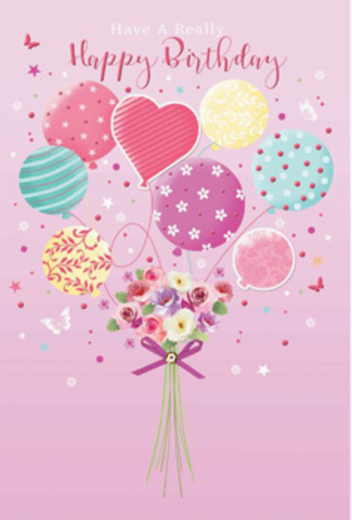 Dreamy birthday card image featuring pastel balloons lifting a delicate bouquet, evoking the tranquil charm of Kingston Vale's green spaces. The design is set against a gentle, blush-pink backdrop that feels soft and inviting, like the sky at the edge of Richmond Park on a still spring afternoon. At the centre, a group of balloons floats upward in a loose cluster, their strings all meeting at the base where the flowers begin. Each balloon has its own pattern and personality: some are wrapped in swirling candy stripes, others are sprinkled with cheerful polka dots, while a few carry tiny floral prints that mirror the bouquet below. The colours-pale sunshine yellow, rosy pink, lavender, aqua, and seafoam green-intermingle gracefully, creating a sense of weightless celebration. Below, a hand-tied collection of petite roses and soft, daisy-like blooms forms a tidy, rounded bouquet. The petals shade gently from creamy ivory to blush and muted rose, suggesting blooms just unfurling in the morning light. Subtle hints of mauve add depth and romance, much like late blossoms in a sheltered Kingston Vale garden. A sparkling purple ribbon, tied into a neat bow, cinches the stems together, its satin texture catching light in delicate highlights. Around the central design, whimsical butterflies seem to drift amongst tiny stars, giving the impression of a daydream or a garden party suspended in time. The whole illustration whispers happiness and thoughtful care, much like a birthday surprise arranged by a skilled local florist and hand-delivered to a doorstep along Kingston Hill or nearby roads in Kingston Vale.
