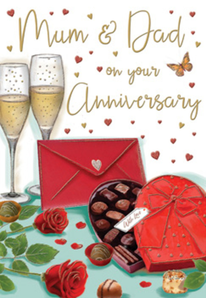 The anniversary card shown here unfolds like a romantic still life, the sort of scene you might imagine arranged on a dining table in Kingston Vale after a special family supper. In the forefront, a pair of fully opened red roses is carefully illustrated, each bloom rich with layered petals that roll outward in velvety waves. The deep crimson of the roses is intensified by the contrast of glossy green leaves that fan around them, some curling slightly at the tips as if freshly cut. Nestled beside the roses is a heart-shaped box of chocolates, its red exterior accented with darker shading to suggest depth and luxury. The lid is tilted open, revealing a tidy grid of dark chocolates, each individual piece round or square and nestled in its own compartment, hinting at different flavours waiting to be shared. A sumptuous scarlet satin bow crowns the box, its loops full and slightly reflective, adding an air of festive indulgence. Standing behind this arrangement, two tall champagne flutes hold pale golden champagne, bubbles suspended mid-rise in slender columns, creating a sense of anticipation as if the toast between Mum and Dad is moments away. Around the scene, tiny hearts in shades of crimson and gold float across a soft cream background, framing the hand-lettered message to Mum & Dad written in a gentle, flowing script. A bold red envelope lies close at hand, perfectly sealed, suggesting a private note filled with treasured memories and thanks. The lighting is warm and subtle, similar to the glow of evening light filtering through a Kingston Vale window, casting delicate reflections on glass and satin. Together, these elements create a feeling of warmth, romance, and enduring family love, beautifully captured in a single illustrated card.