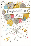 The card in this image offers a beautifully illustrated expression of congratulations, the kind you might choose to accompany a celebratory bouquet arriving at a home in Kingston Vale after good news. At the centre, a lush cluster of balloons floats upward, their rounded shapes overlapping like a carefully composed arrangement. They shine in soft hues of gold, silver, champagne, gentle blue, blush pink, and pale grey, with each balloon carrying delicate decorative touches-fine stripes, scattered little stars, and shimmering dots that evoke the feel of glitter under a soft lamp. From beneath this balloon bouquet, slender metallic ribbons in gold and silver trail downwards, curling and twisting with an easy grace, much like the decorative ribbons tied around freshly arranged flowers. A sweeping banner cuts horizontally across the design, bearing the words Congratulations To You in elegant, flowing calligraphy, making the message feel sincere and just a touch ceremonial. Around the central cluster, the pale background is animated with drifting metallic stars, curly confetti lines, and tiny specks that suggest movement, like sparkles in the air at a small celebration near Richmond Park or along Kingston Hill. As a local florist, I can almost imagine running a hand over the card and feeling the subtle variation in texture where the ink thickens and the metallic accents catch the light. The overall impression is one of joyful refinement-a card that pairs effortlessly with flowers to mark achievements such as graduations, promotions, or new beginnings, bringing a warm, enduring memory to someone special in Kingston Vale.