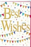 This Best Wishes card feels like a moment of celebration frozen in time, the kind of message you might find tucked into a bouquet delivered to a quiet street in Kingston Vale after happy news. The design is set against a pure white background that keeps everything looking fresh and uncluttered. At the centre, the phrase Best Wishes is written in sweeping golden script, each letter embossed and dusted with fine glitter. The gold has a warm, inviting sheen, similar to the glow of evening light reflecting from nearby parkland, and the raised texture suggests a card crafted with care. Surrounding the words in gentle arcs, strings of colourful bunting drift across the top and bottom, like decorations stretched between trees at a Kingston Vale garden party. Each little triangular pennant offers its own cheerful detail: tiny stripes that run clean and straight, playful dots scattered across bright colour fields, and more detailed patterns that evoke tiny pieces of mosaic. The palette is lively but harmonious, with bold blues, reds, greens, and yellows softened by touches of pink and softer tones, all standing out crisply against the white. Between the strands of bunting, the space is dotted with small stars and confetti-like circles, scattered as if tossed in delight the moment good news was shared. Some stars catch the light with a suggestion of metallic ink, while others remain matte and softly coloured, giving the image a sense of depth and motion. Overall, the card radiates optimism and supportive warmth, ideal for congratulating someone on an achievement, new job, or exciting fresh start in Kingston Vale, and it pairs beautifully with a thoughtfully arranged bouquet that carries the same spirit of joy.