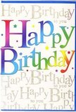 The photograph showcases a joyful birthday card, its design brimming with colour and energy, as if ready to be placed beside a birthday cake in a Kingston Vale home. The central focus is the large Happy Birthday message, written in broad, rounded letters that appear almost three-dimensional due to their rich rainbow gradients. From left to right, each letter blends through a spectrum of celebratory tones-deep cherry and fuchsia, vibrant orange and sunny yellow, then cool lime, jade green, teal, and ocean blue, finally slipping into indigo and royal purple-recalling the cheerful palette of a party arrangement near the Kingston Vale edge of Richmond Park. The colours are intense yet soft-edged, giving the impression of being carefully airbrushed or printed with high-quality inks. Surrounding this central greeting, the background is entirely filled with repeated lines of Happy Birthday to you, written in an elegant, gold-toned cursive. The script is delicate, with long, sweeping loops that lend a sense of movement, like music flowing quietly in the background of a celebration. The golden lettering shimmers subtly, catching gleams of light that suggest a slightly metallic or foiled finish, while tiny specks of brightness scattered among the script evoke the feeling of confetti or tiny stars. The surface of the card looks smooth and gently reflective, likely offering a pleasing tactile feel when held. Overall, the design marries playful colour with refined detail, making it an ideal card to accompany a hand-delivered bouquet from a local Kingston Vale florist, turning a simple birthday message into a vivid, memorable gesture.
