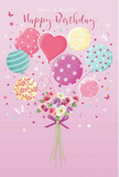 Softly whimsical birthday card artwork depicting a pastel balloon bouquet lifting a charming cluster of flowers, perfectly suited to a Kingston Vale celebration. The canvas glows with a gentle pink hue, creating a rosy, comforting backdrop like the warm light filtering through trees near Kingston Hill. At the centre, pastel balloons float upward, each one slightly different: some are wrapped with candy-coloured stripes, others are sprinkled with playful polka dots, and in the middle a heart-shaped balloon radiates quiet affection. The colour palette stays tender and joyful-blush, lemon, mint, lavender, and soft teal all mingling without harsh contrast, like a delicate sky after a spring shower. At the base of the balloons, a hand-tied bouquet unfurls. Delicate roses and anemone-like blooms cluster together in shades of creamy ivory, dusty rose, and gentle mauve, their petals soft-edged and feathery, as if painted from life. The stems are gathered and finished with a violet satin bow, its tailored loops and trailing ends suggesting the careful touch of someone who loves fine details. Around the central design, tiny star shapes and fluttering butterflies dance, adding a hint of fairy-tale charm, as though the whole bouquet is drifting over the rooftops of Kingston Vale on a birthday morning. The image captures a mood of light-hearted festivity and tender thoughtfulness-an illustrated counterpart to a fresh floral delivery arranged by Flower Delivery Kingston Vale, created to make a special birthday feel dreamy, bright, and lovingly celebrated.