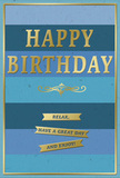 The birthday card shown here radiates a gentle, composed happiness, using colour and texture with the same care a florist might use when arranging a bouquet for a Kingston Vale home. The card is filled with horizontal stripes of blue, each broad band slightly different from the next so that, from top to bottom, the hues ease from dark navy into progressively lighter, softer blues. This smooth gradation creates an ombré effect that feels like watching the sky soften over the nearby parkland. Sitting proudly across the upper middle of the card, the phrase HAPPY BIRTHDAY is presented in large, embossed gold capital letters. The metallic gold shines subtly, catching the light to form gentle highlights along each letter's edge, making the words stand out clearly against the calm background. Just below, a graceful gold flourish runs horizontally, like a small piece of decorative scrollwork that bridges the main greeting and the sentiment beneath. At the lower centre, three slim horizontal banners of gold appear, each shaped like a ribbon laid neatly across the stripes. On these banners, in clear writing, are the words: Relax, have a great day and enjoy! The gold details appear slightly raised, contrasting with the smoother, matte look of the blue stripes. A very fine gold border traces the perimeter of the card, holding all the elements in a tidy, elegant frame. The overall effect is peaceful, stylish, and heartfelt-just the kind of birthday card that might accompany a same-day flower delivery in Kingston Vale, offering not only congratulations but also an invitation to pause and enjoy the moment.