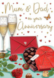 This illustrated anniversary card paints a scene of intimate celebration for Mum and Dad, echoing the calm, leafy character of Kingston Vale. At the front of the composition, two lavish red roses lie gracefully across the lower edge of the card, their petals richly shaded to show depth and softness, each bloom wide open as though at its peak of freshness. They are surrounded by deep green leaves that arc and curl, adding texture and a natural, hand-tied bouquet feel. Next to the roses, a heart-shaped chocolate box in deep red tones rests slightly askew, the lid lifted enough to reveal carefully arranged dark chocolates glistening softly. A wide satin ribbon in matching scarlet wraps around the box and is tied into an opulent bow, the ribbon edges catching gentle highlights that make it appear smooth and silky to the touch. Behind this indulgent display stand two elegant champagne flutes, rendered in clear, sparkling glass, each filled with pale gold champagne. Fine bubbles rise within the glasses, frozen just as they float towards the surface, evoking a shared anniversary toast in a Kingston Vale living room after a stroll through nearby Richmond Park. Across the cream-coloured background, small hearts in crimson and metallic gold drift and scatter, leading the eye upwards to a tender, hand-lettered message dedicated to Mum & Dad. A vivid red envelope, neatly sealed with a small heart motif, lies nearby as a subtle promise of loving words penned inside. Soft, ambient lighting bathes the entire scene in a warm glow, adding gentle reflections to the glass and chocolate, and creating a mood of affection, nostalgia, and the quiet joy of long-lasting partnership celebrated at home.